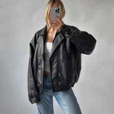 Retro Bomber Oversized Leather Jacket for Women's