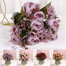 Peony Roses Artificial Silk Fake Flowers White Bridal Wedding Bouquet Home Decor