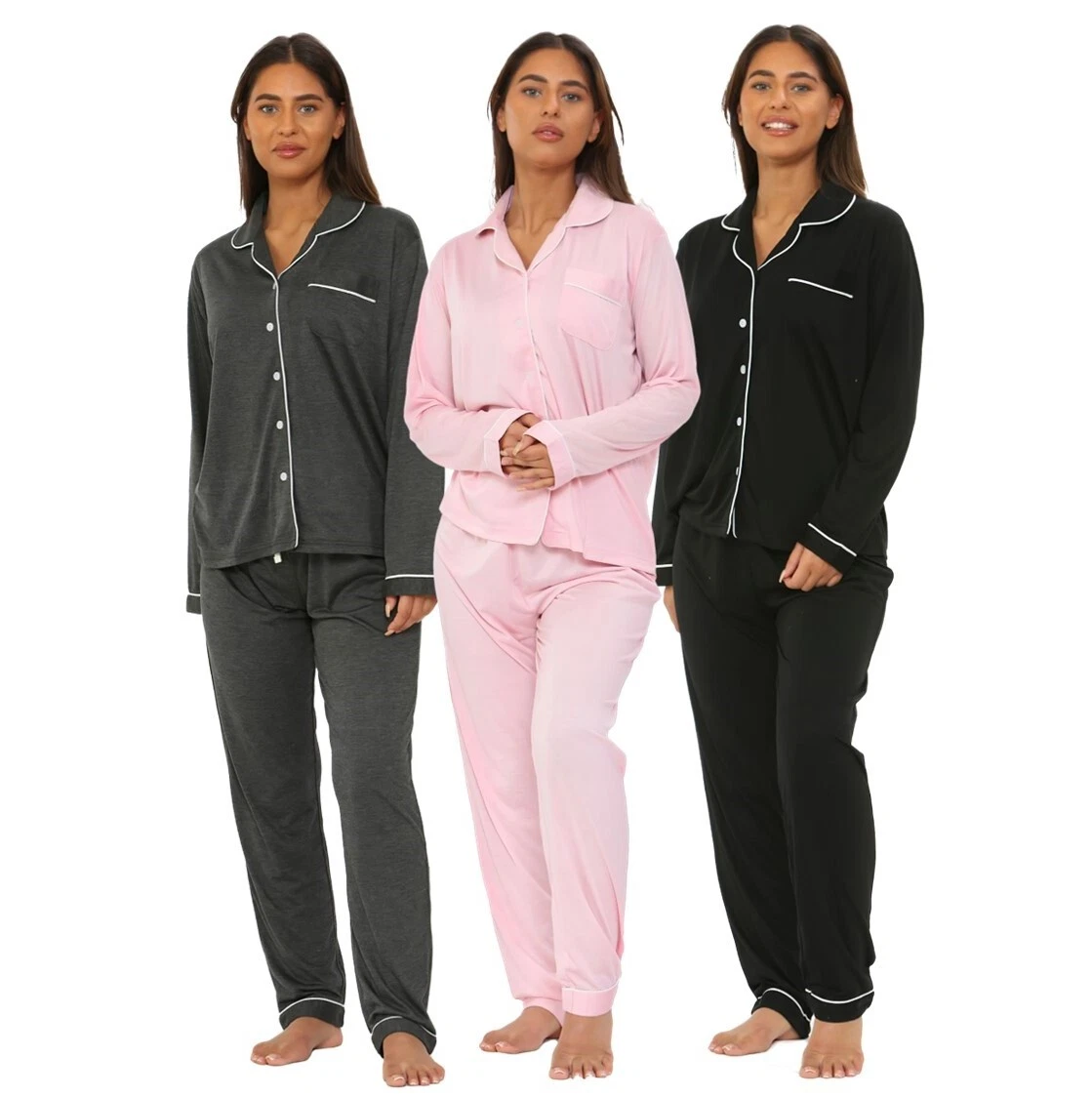 Ladies Button Up Revere Lounge Wear Pyjamas Set Womens PJ Pants