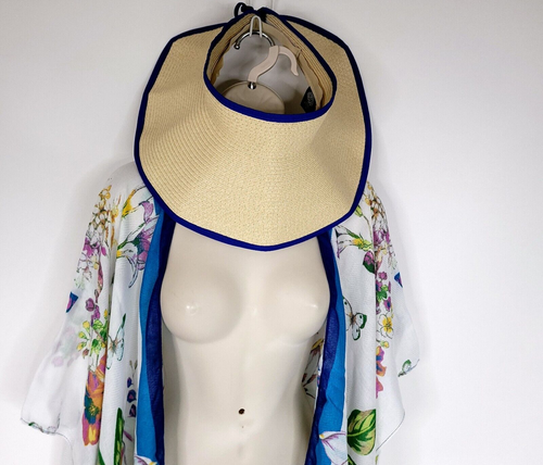 Vince Camuto Kimono Cover Up Hat Set Open Front Blue White Floral One Size - Picture 14 of 16