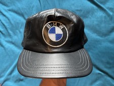 Vintage BMW Hat Black Leather Strap Back Cap 80s 90s USA Luxury Car Brand Promo