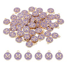 60 x Letter Charm M Double Sided Alphabet Initial Charm Pendants Beads Purple