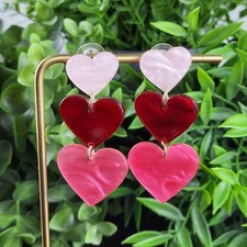 Valentine  s Day Triple Heart Dangle Earrings Acrylic Pink Red NEW