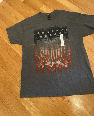 Mens American Flag Eagle T shirt Short Sleeves Gray Cotton Large
