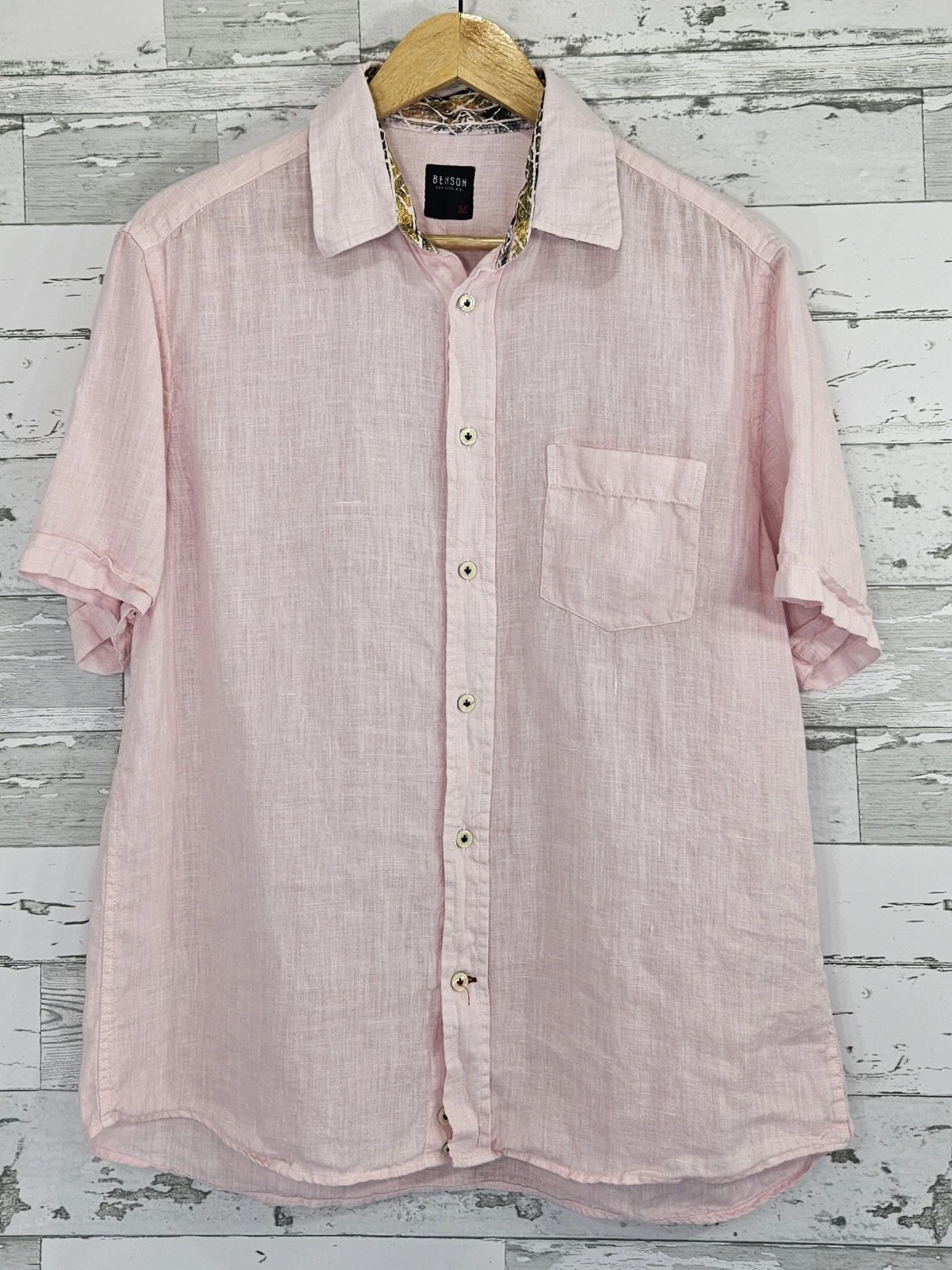 Benson New York Short Sleeve Button Up Pink Linen Shirt Mens Medium
