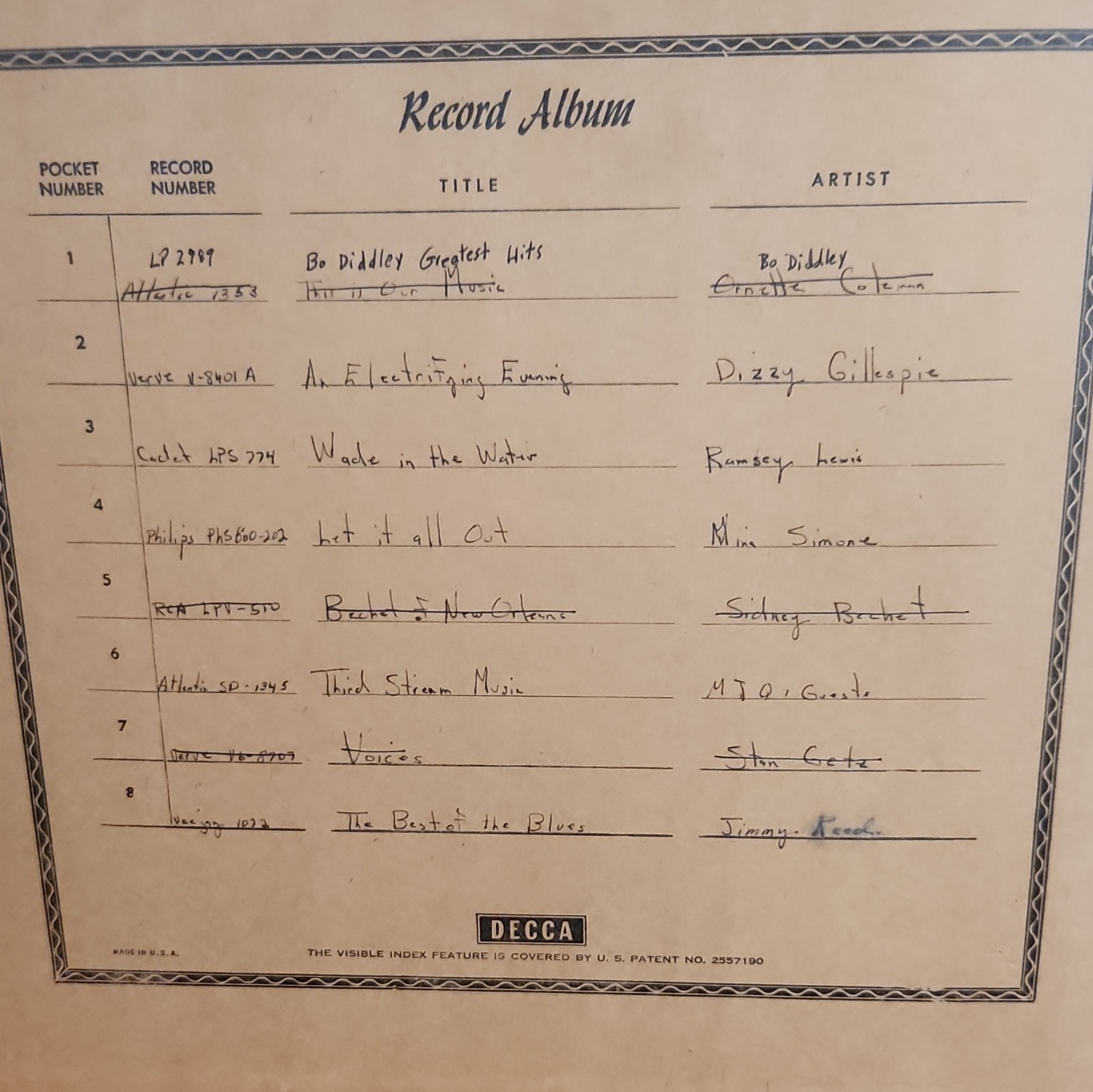 Decca Record Album LP Vinyl Lot w/ Index Page Bo Diddley Nina Simone Jazz