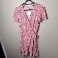 Naggoo Pink Floral Faux Wrap Mini Dress NWT Tie Waist Ruffle Hem Women’s