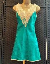 Vintage VAL MODE Teal BLUE SLIP NIGHTGOWN Small NYLON JAQUARD Short LACE Gown