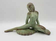 Vintage Frankoma Pottery Nude Fan Dancer Prairie Green Glaze Figure, 113?