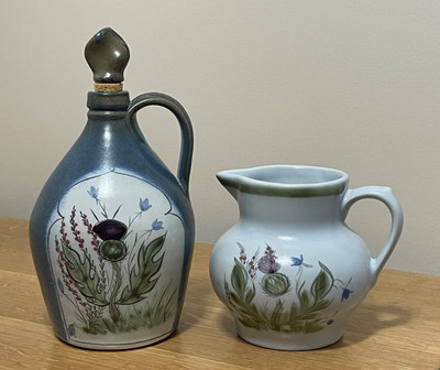 Buchan Thistle Stoneware Whisky Decanter/ Stopper & Water Pitcher, Vint Scotland
