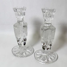 Set of 2 Clear Heavy Glass 7" Taper Candle Sticks Floral Design Home Decor