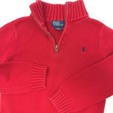 Polo Ralph Lauren Kids Red Cotton 1/4 Zip Sweater Size 7 Navy Pony Logo
