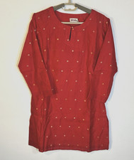 Fabindia NWT Women's Medium Red Cotton/Silk w metallic Accents 3/4 Sleeve Kurta