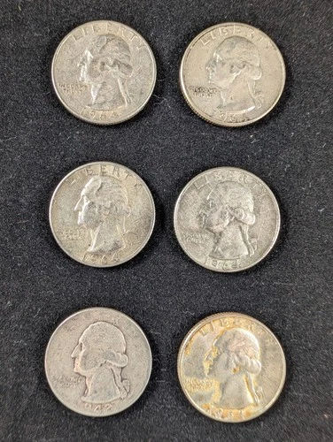 Washington Silver Quarters Lot of 6, 1964 & 1942, 25C, Circulated, 0.9 Fineness