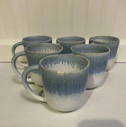 Crate and barrel coffee mugs, set of six blue drip glaze Portugal vintage
