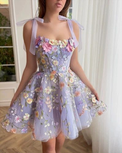 new Lavender Floral Lace Mini Prom Dresses Flower A-Line Party Evening Dress - Picture 7 of 11