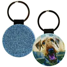 Personalized Custom Round Leather Blue Sparkle Logo or Photo Key Chain Key Tag