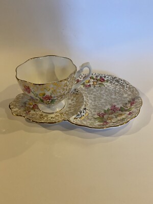 Queen Anne Tea Cup & Snack Plate Set Bone Floral Gold Made In England 5397