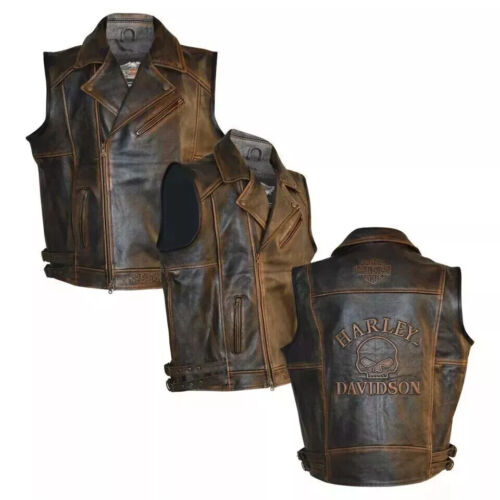 Harley Davidson Men's Motorcycle Knuckle Distressed Biker Genuine leather Vest - Picture 3 of 4