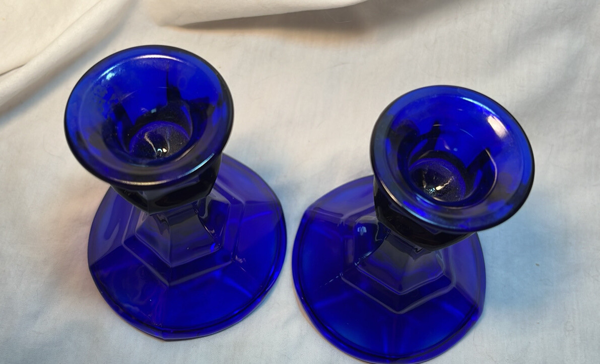 Vintage Cobalt Blue Candlestick Candle Holders - Set Of 2- 4 1/2&rdquo; Tall