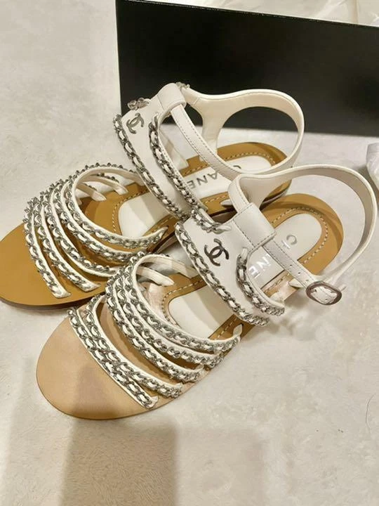 Chanel Chain Strap Sandals US 6.5 EU 37.5 White Silver Coco Mark Wedge  Women's