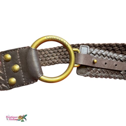 COLE HAAN Vintage Brown Leather Woven Braided Belt Brass Ring Buckle Women Sz M