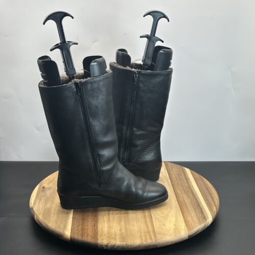 Bama Lams Mid Calf Boots Size 6 Women Black Leather Wedge Heel Fur Lined Zip - Picture 2 of 13