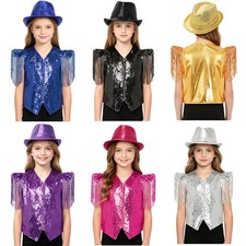 US Kids Girls Sequin Fringe Vest Zip Up Tassel Waistcoat Jazz Dance Performance