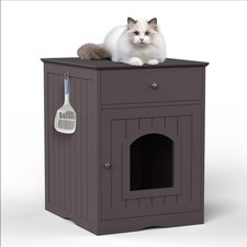Wooden Pet House Cat Litter Box Enclosure with Drawer, Side Table, Indoor Pet Cr