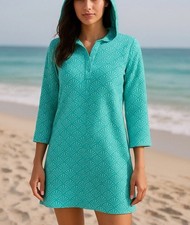 Lands’ End Teal Seashell Hoodie Mini Dress XS – Beach Cover-Up Coastal Nautical