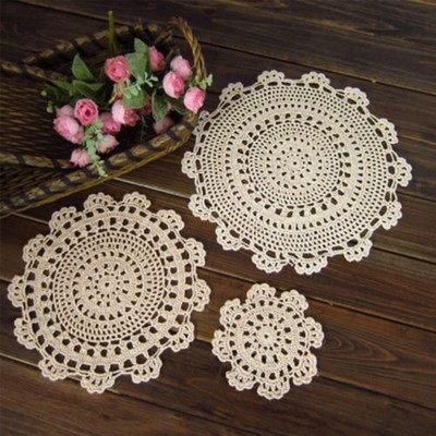 Runde beige handgehäkelte Tischdecke Spitze Baumwolle Vintage Deckchen 13/25/35/42 cm