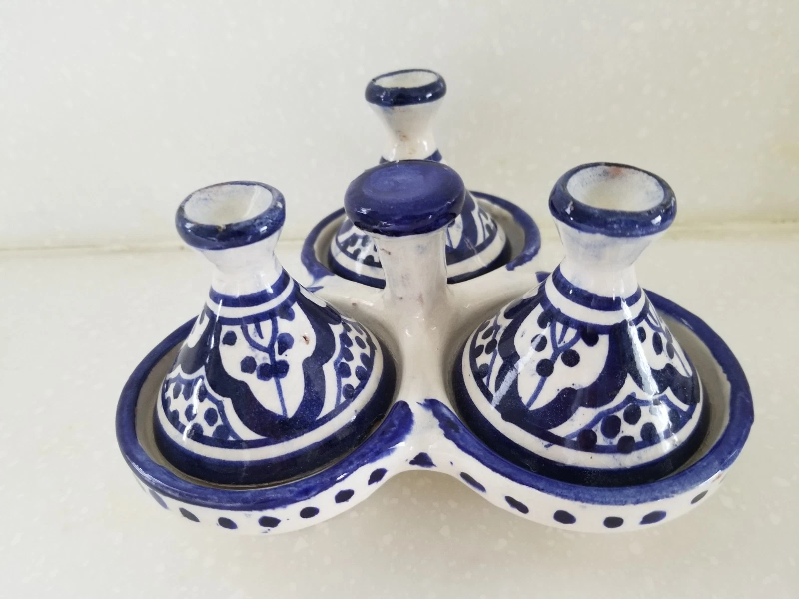 Moroccan Mini Ceramic Triple Tangine Spice Holder Hand Painted Blue & White