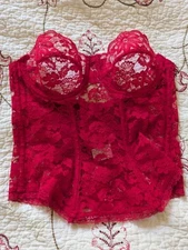 70s Vintage Dolores for Poirette Sheer Red Lace Boned Bustier Size 36B