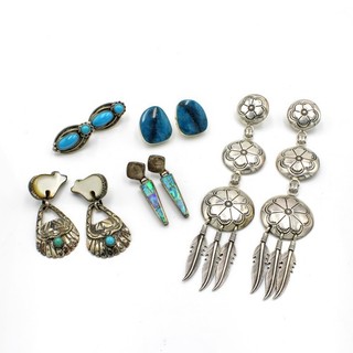 Southwest Sterling Signed Turquoise Opal MOP Inlay Earring Lot of 5 #S4179 3