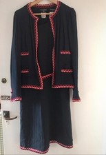 Chanel Dress Suit Jacket 2 piece silk set 40 Navy Tweed