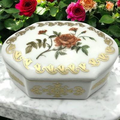 EMPRESS JOSEPHINES Rose Garden Trinket Box Gold Gilt Porcelain 1980 Pretty Gifty