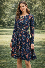 I. Madeline Dress Womens Small Blue Floral Long Sleeve Fit & Flare Midi Boho