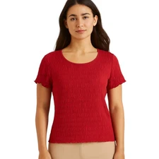 Christopher & Banks X-Large Red Crinkled Stretchy Top Short Sleeve Colorful