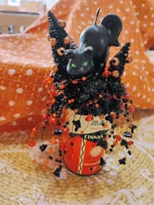 Vintage Halloween Assemblage on McNess Cinnamon Tin with Gurley Cat Candle