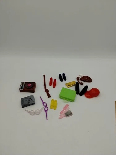 Vintage Barbie Doll Accessories Lot Record Player, Phone, Purse Vanity Set Shoes