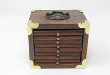 VTG 8pc Coaster Set in Caddy w/ Handle Wood Cork Lined Brass Hardware Retro