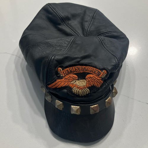 Vintage Harley-Davidson Black Leather Studded Hat with Wing Logo Patch