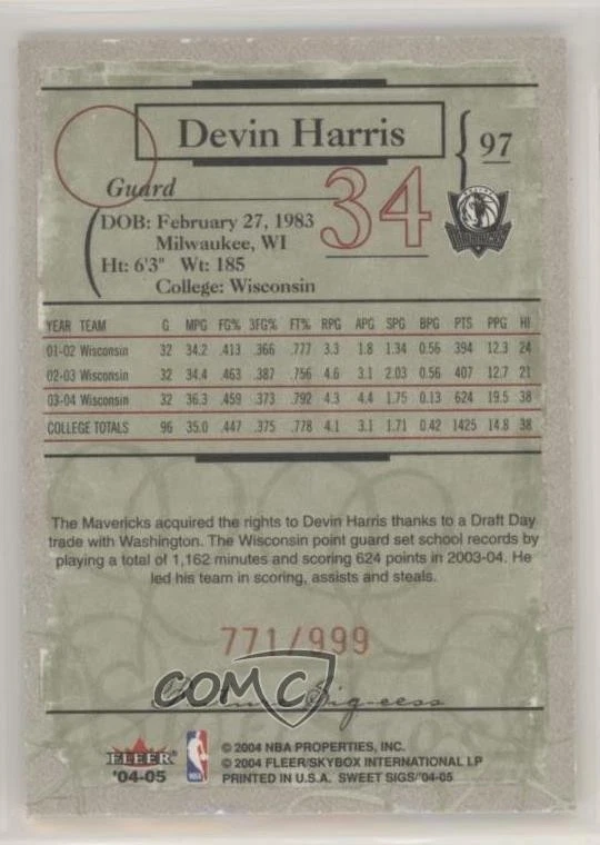 2004-05 Fleer Sweet Sigs Future Sig-cess /999 Devin Harris #97 Rookie RC - Image 2 of 2