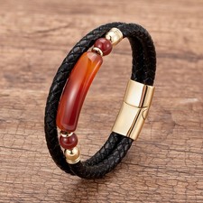 Men’s Multi-Layer Leather Bracelet with Natural Stone – Stainless Steel Clasp