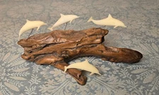 VTG Signed John Perry Sculpture 4 White Dolphin Pod Family 5" Burl Wood Porpoise