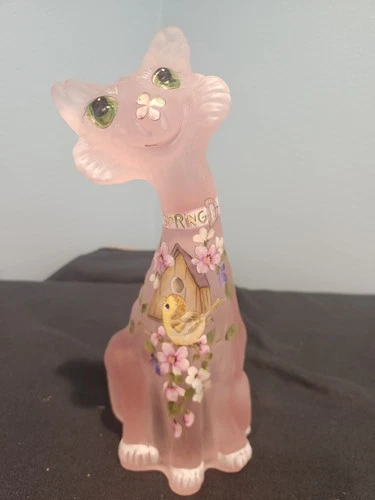 FENTON LIMITED KIM BARLEY PINK "SPRING TIME" ALLEY CAT w BIRD & FLOWERS