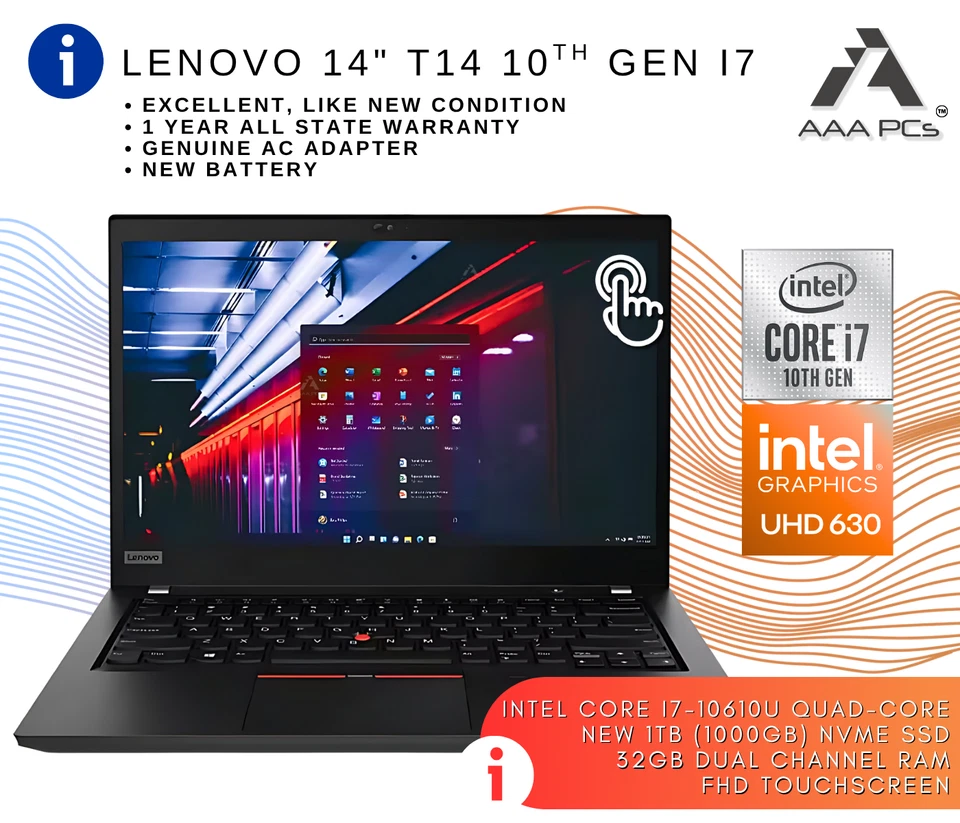 Lenovo ThinkPad T14 Touch 14" Intel Core i7 4.90 GHz 32GB RAM 1TB SSD Win 11 Pro - Image 2 of 4