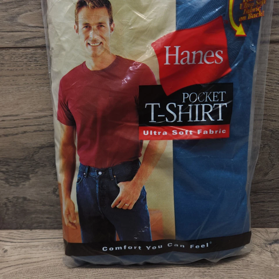 HANES Vintage 2000 Pocket T-Shirt Men's Size XL Blue NOS 1-PACK Soft Fabric  - Image 4 of 4