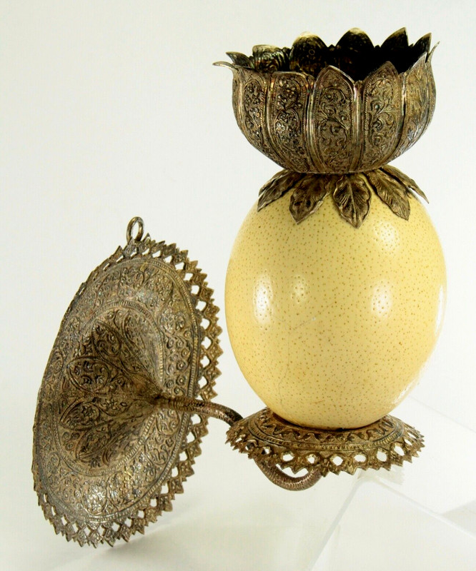 ^ Raj India 1800's FINE Ostrich Egg & Tooled Silver Kashmiri Work Candle Sconce