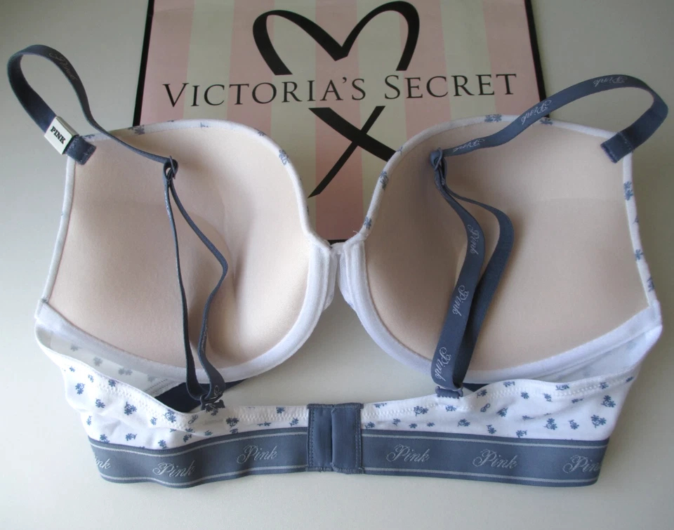 VICTORIA'S SECRET розовый хлопок супер бюстгальтер пуш-ап 36B 38C 38D цветочный джинсовой ткани синий - Изображение 4 из 4